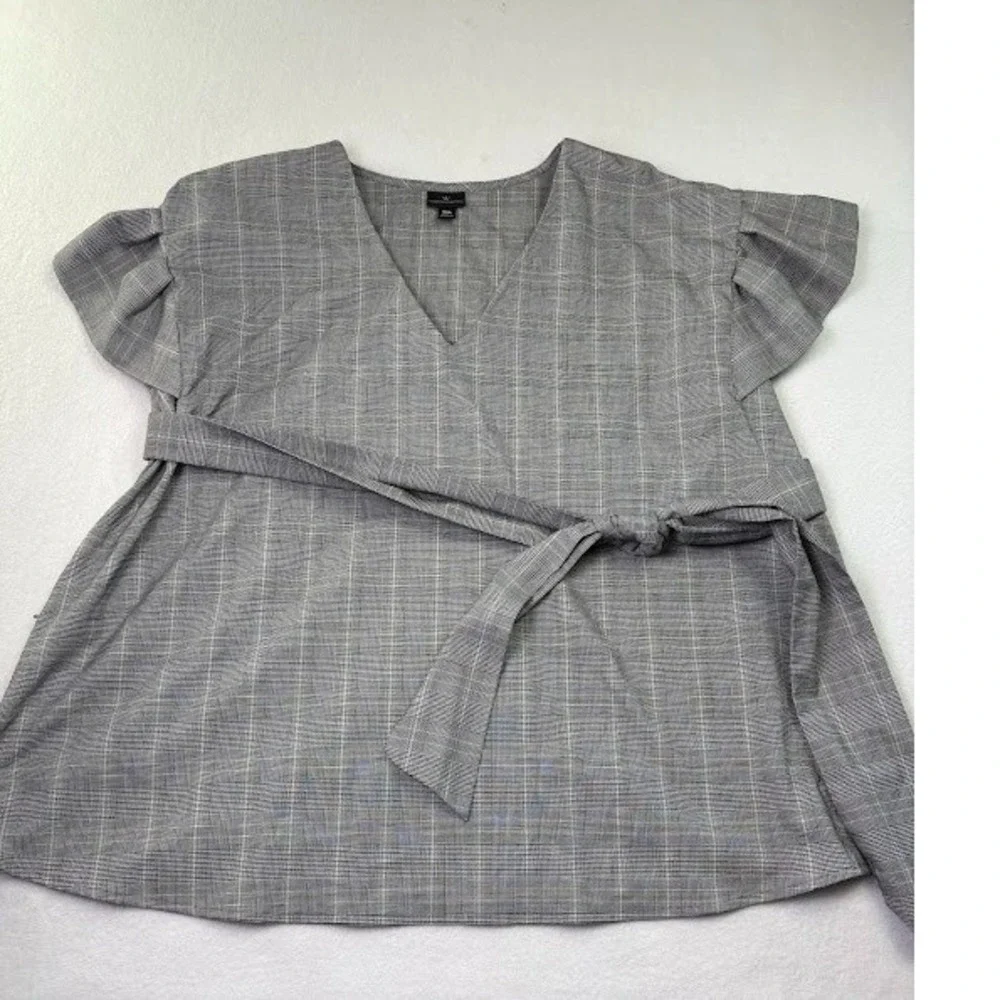 Worthington Women's Career Wear Top‎ Sz XXL Herringbone Plaid Ruffled Sleeve